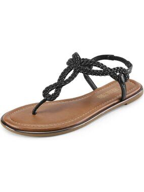 Women's Black Summer Flats Dressy Strappy Elastic Ankle T-Straps Thong Sandals